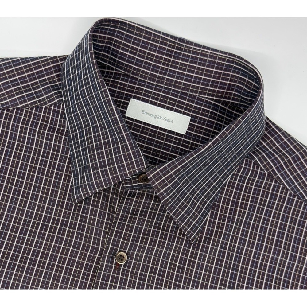Ermenegildo Zegna Shirt Men's XL Burgundy Windowpane Made In Italy Cotton